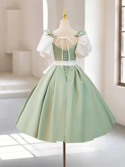 A-Line Puff Sleeves Satin Green Short Prom Dress Homecoming Dress