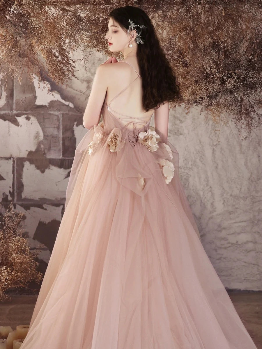 A-Line Princess V Neck Tulle Flower Pink Long Prom Dress Evening Dress