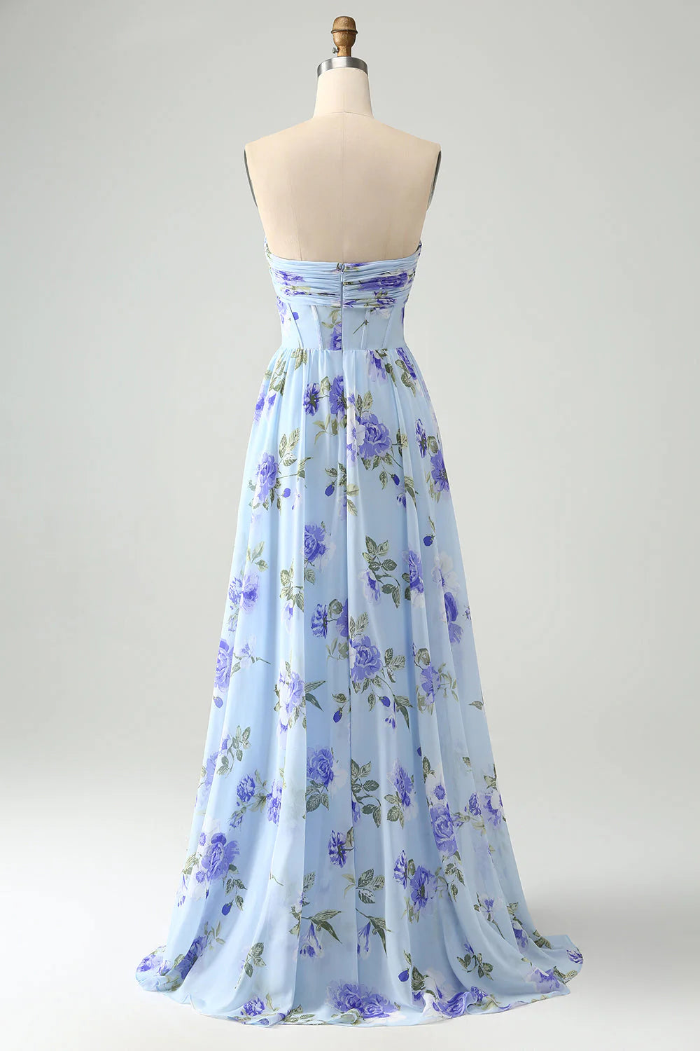 Blue Floral A Line Sweetheart Pleated Long Maxi Dress Bridesmaid Dresses