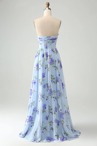 Blue Floral A Line Sweetheart Pleated Long Maxi Dress Bridesmaid Dresses