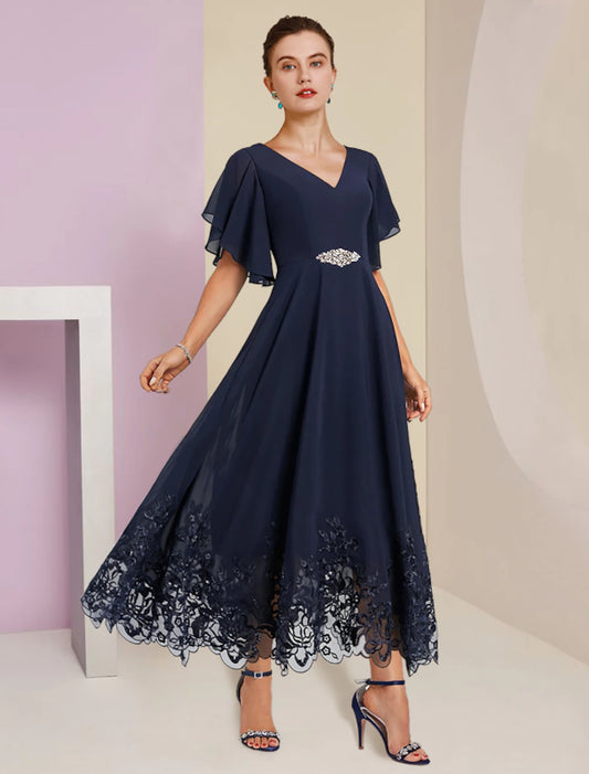 A-Line Mother of the Bride Dress Formal Wedding Guest V Neck Tea Length Chiffon Lace