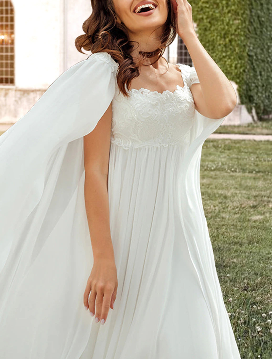 Ivory Hall Casual Wedding Dresses A-Line Square Neck Sleeveless Sweep / Brush Train Chiffon Bridal Gowns With Pleats Appliques