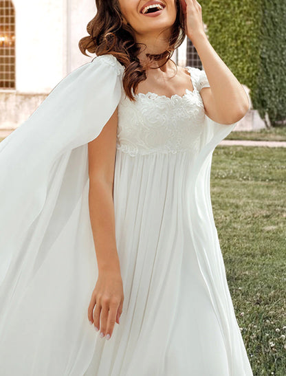 Ivory Hall Casual Wedding Dresses A-Line Square Neck Sleeveless Sweep / Brush Train Chiffon Bridal Gowns With Pleats Appliques