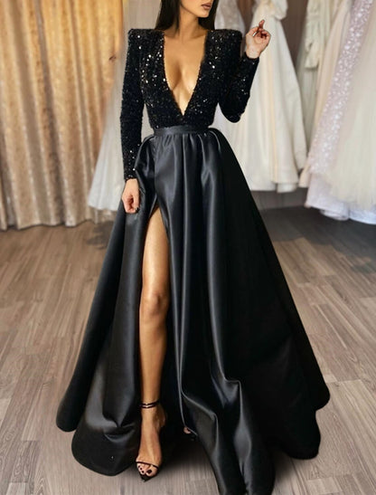 A-Line Evening Gown Formal Plus Size Wedding Court Train Half Sleeve V Neck Satin with Sequin Slit