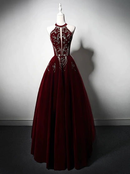 A-Line Velvet Sequin Beads Burgundy Long Prom Dress Formal Evening Dress