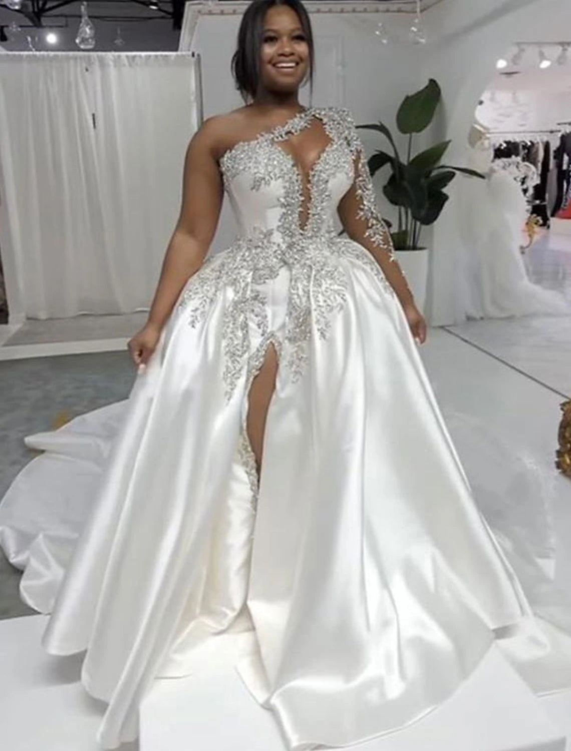 One Shoulder Wedding Dresses Ball Gown Regular Straps Court Train Satin Bridal Gowns With Beading Split Front