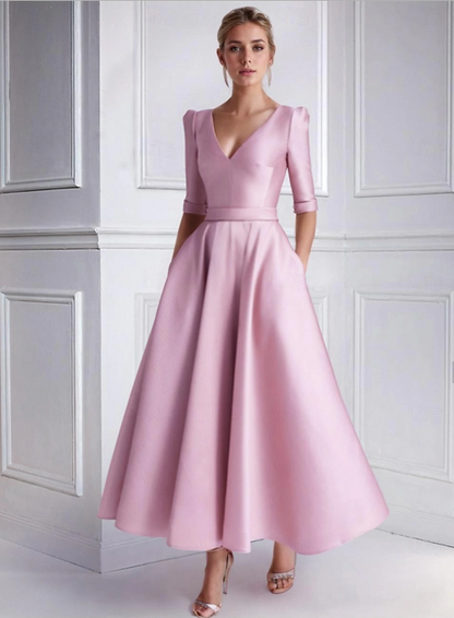 A-Line Wedding Guest Dress Semi-formal Tea Length Half Sleeve V Neck Satin with Pocket