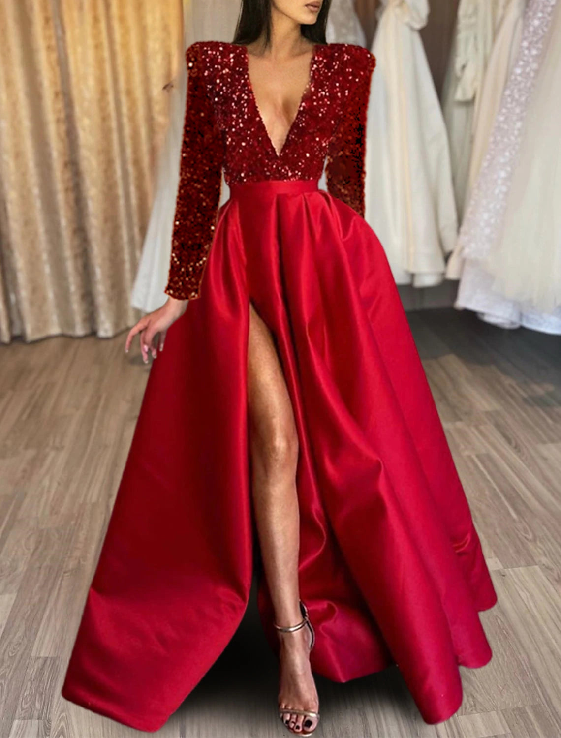 A-Line Evening Gown Formal Plus Size Wedding Court Train Half Sleeve V Neck Satin with Sequin Slit