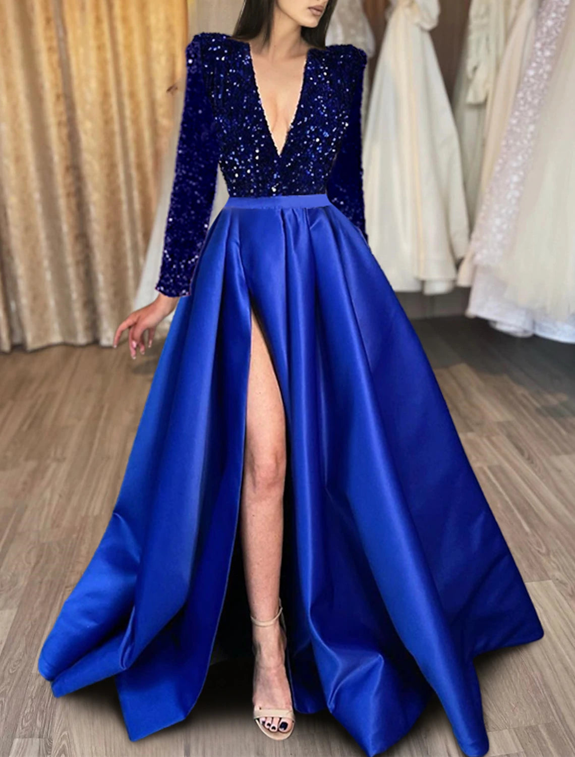 A-Line Evening Gown Formal Plus Size Wedding Court Train Half Sleeve V Neck Satin with Sequin Slit