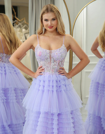 A Line Tiered Tulle Prom Dress With Beaded Flower Appliques