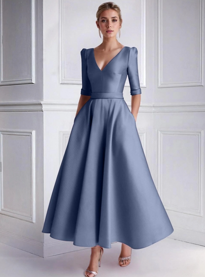 A-Line Wedding Guest Dress Semi-formal Tea Length Half Sleeve V Neck Satin with Pocket