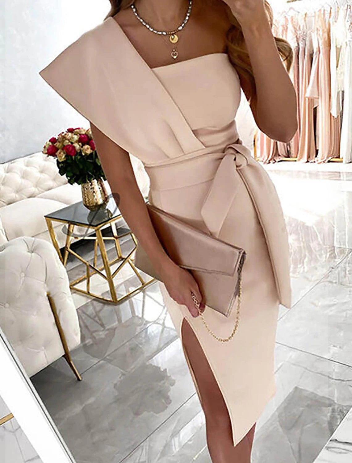 Sheath / Column Cocktail Dresses Elegant Dress Sleeveless One Shoulder Stretch Fabric with Slit