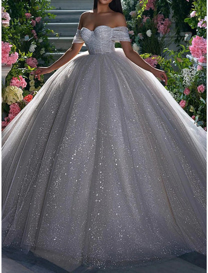 Sparkle & Shine Formal Wedding Dresses Ball Gown Off Shoulder Cap Sleeve Chapel Train Sequined Bridal Gowns With Solid Color