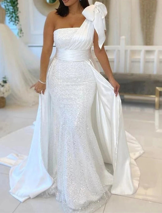 Mermaid / Trumpet Wedding Dresses One Shoulder Chapel Train Sequined With Bow(s) Sequin