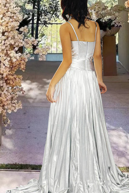 Silver Spaghetti Strap Satin Floor-length Pleated Prom Dress with Slit