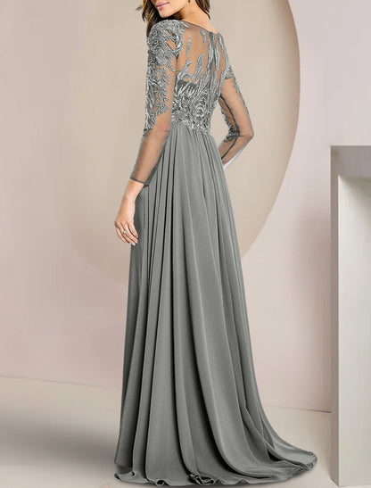 Sheath / Column Mother of the Bride Dress Formal Wedding Guest Scoop Neck Floor Length Chiffon Lace with Beading Appliques