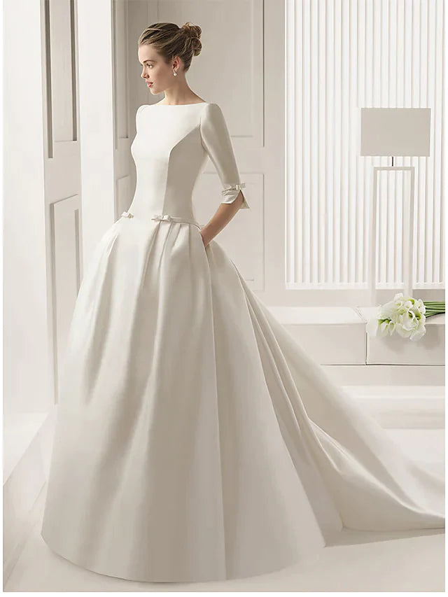 A-Line Wedding Dresses Bateau Neck Court Train Polyester Half Sleeve Sexy Plus Size