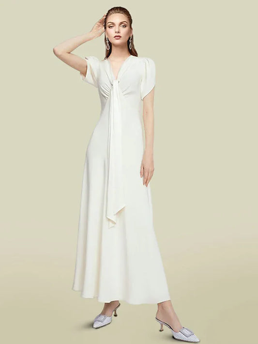 A-Line Mother of the Bride Dress Elegant V Neck Ankle Length Chiffon Short Sleeve with Ruching