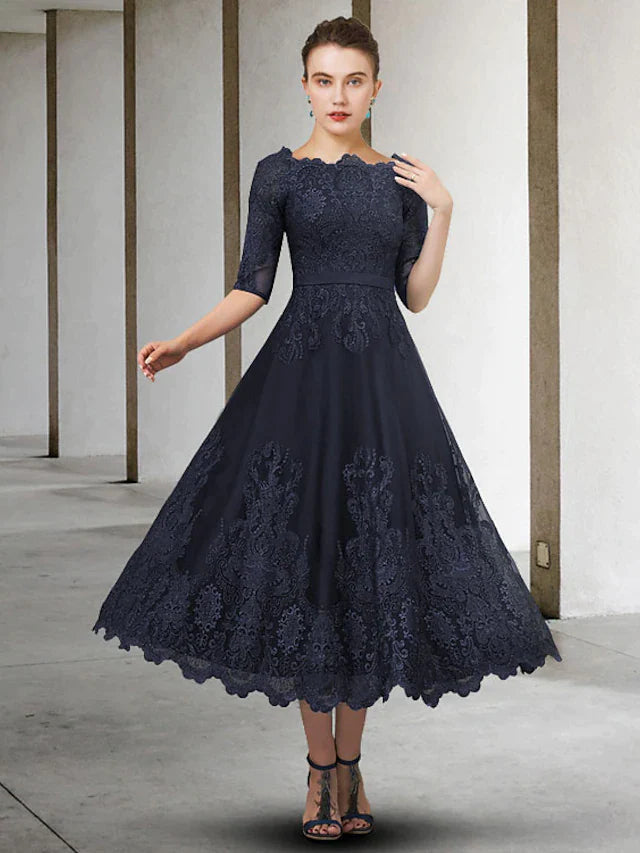 A-Line Mother of the Bride Dress Elegant Jewel Neck Ankle Length Lace Tulle Half Sleeve with Appliques