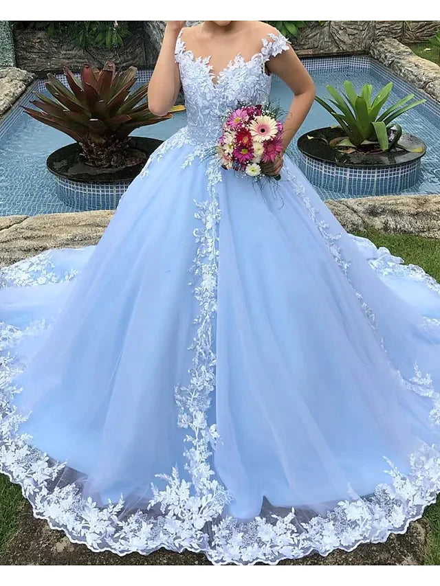 Ball Gown Wedding Dresses V Neck Court Train Lace Polyester Cap Sleeve Country Plus Size with Appliques