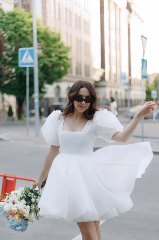 Cute A-Line Wedding Dress With Puffy Pearls Sleeves