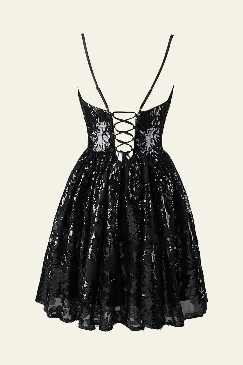 Black A-line Spaghetti Straps V Neck Lace Sequins Homecoming Dress