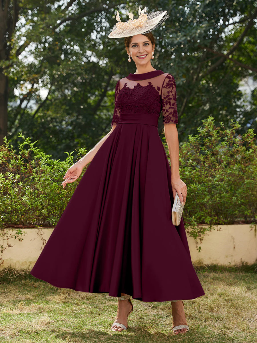 A-Line/Princess Scoop Half Sleeves Ankle-Length Long Plus Size Evening Dresses with Appliques main image 1