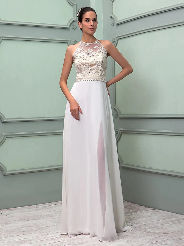 Wedding Dresses Jewel Neck Floor Length Chiffon Lace Regular Straps See-Through with Sash Ribbon Beading Split