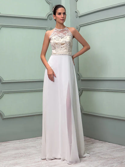 Wedding Dresses Jewel Neck Floor Length Chiffon Lace Regular Straps See-Through with Sash Ribbon Beading Split