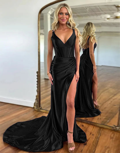 V-Neck Ruched Satin Prom Dress with Slit Sweep/Brush Train Dresses