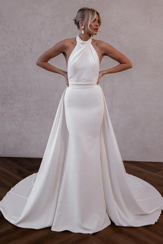 White Satin Halter Wedding Dresses with Train