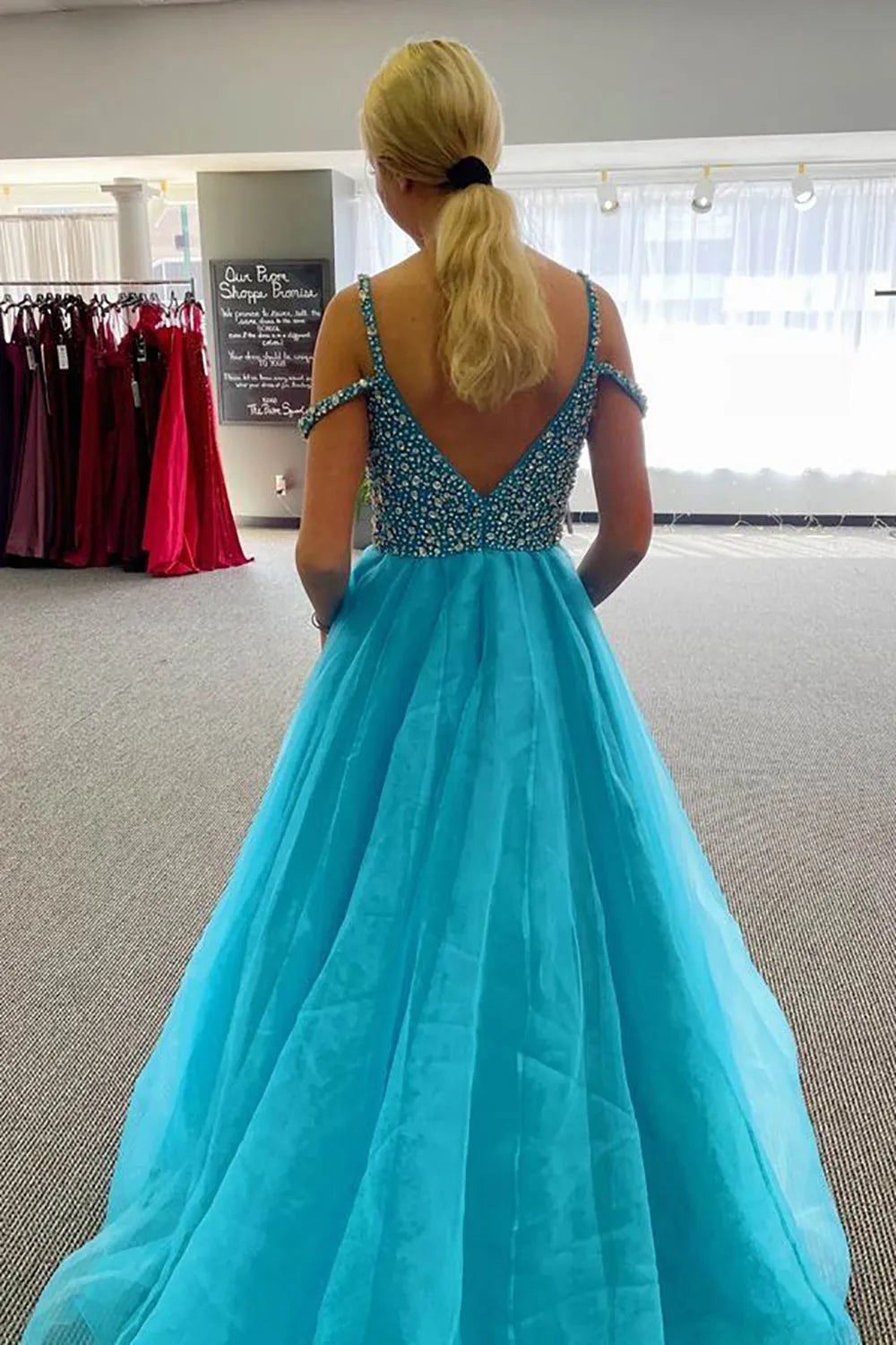 A Line Off the Shoulder Blue Long Prom Dress with Beading Sweep/Brush Train Dresses