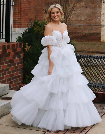 White A-Line Princess Strapless Puffy Sleeves Tiered Prom Dress With Slit