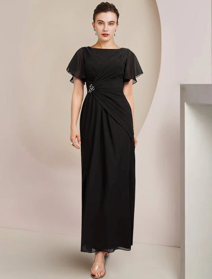 Sheath / Column Mother of the Bride Dress Scoop Neck Ankle Length Chiffon with Crystal Brooch Side-Draped