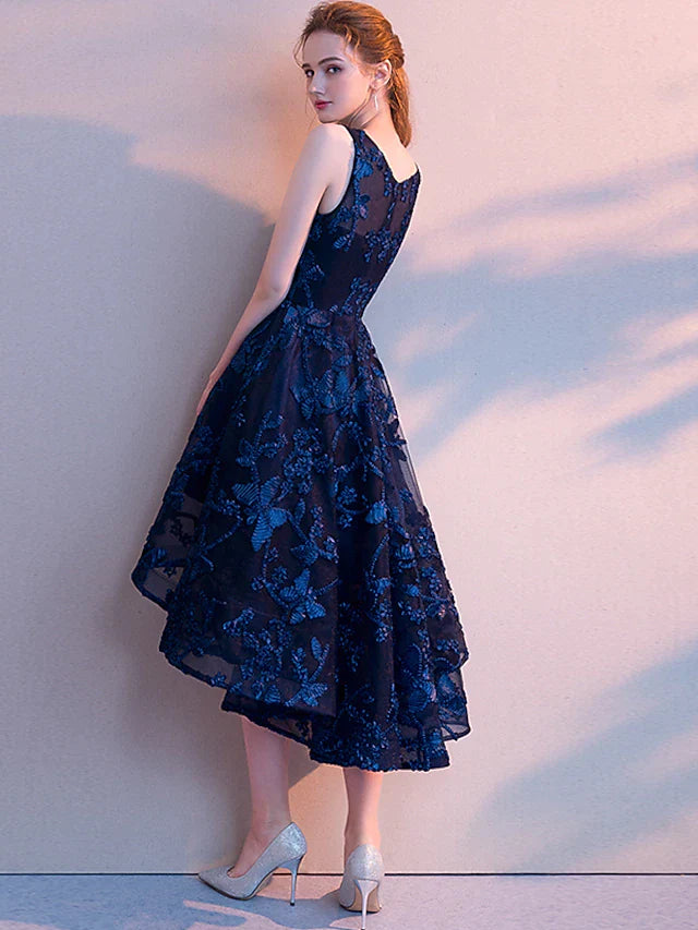 A-Line Minimalist Elegant Party Wear Cocktail Party Dress Jewel Neck Sleeveless Asymmetrical Tulle with Pleats Pattern Print