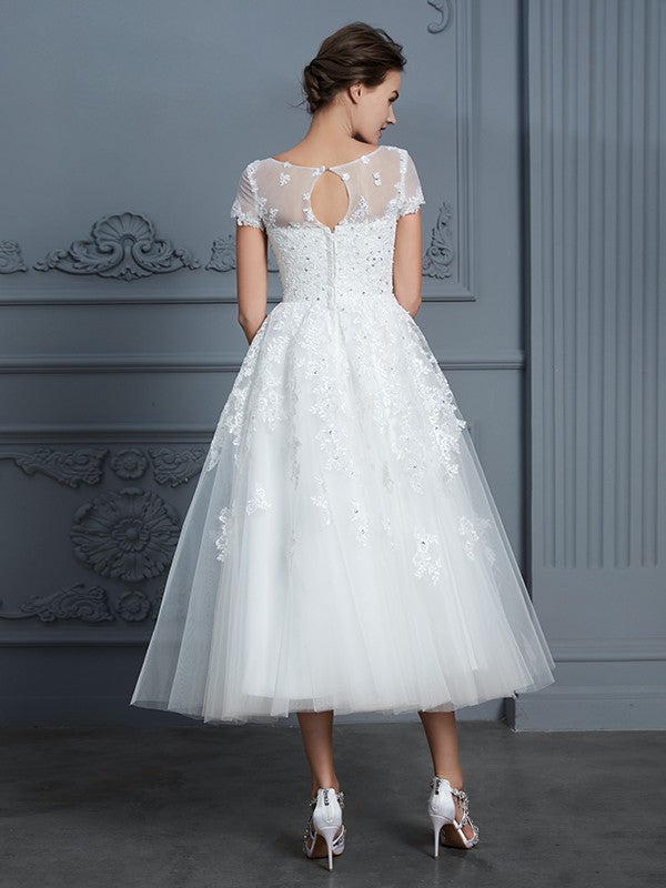 A-Line/Princess Scoop Short Sleeves Tea-Length Beading Tulle Wedding Dresses