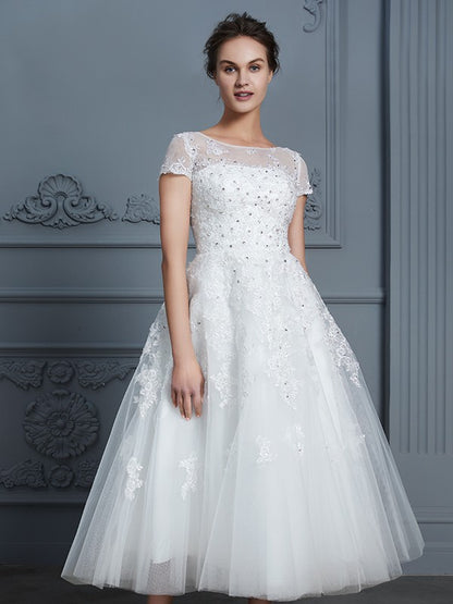 A-Line/Princess Scoop Short Sleeves Tea-Length Beading Tulle Wedding Dresses