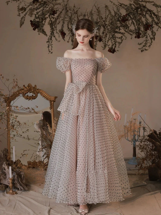 A-Line Short Sleeves Polka Dots Tulle Long Prom Dress With Bow