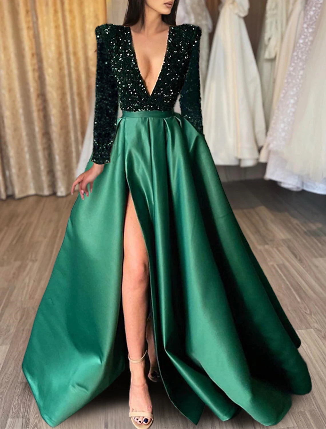 A-Line Evening Gown Formal Plus Size Wedding Court Train Half Sleeve V Neck Satin with Sequin Slit