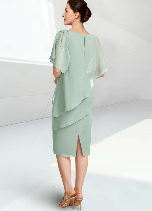 Sage Elegant Jewel Neck Knee Length Chiffon Half Sleeve with BeadingMother of the Bride Dress