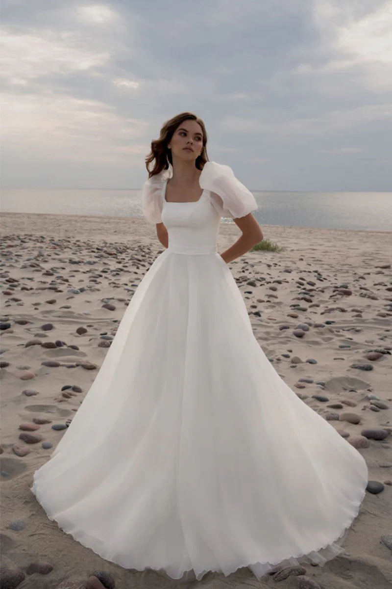 Charming A-Line Square Neck Puff Sleeves Wedding Dresses with Train