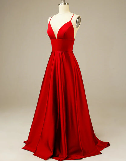 A-Line Simple Long Satin Red Prom Dress Evening Dress