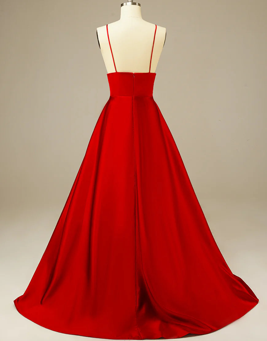 A-Line Simple Long Satin Red Prom Dress Evening Dress