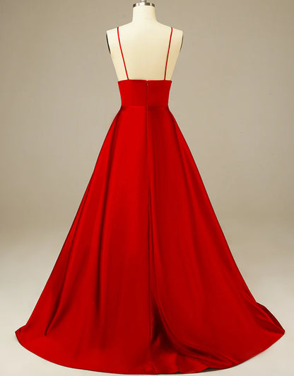 A-Line Simple Long Satin Red Prom Dress Evening Dress