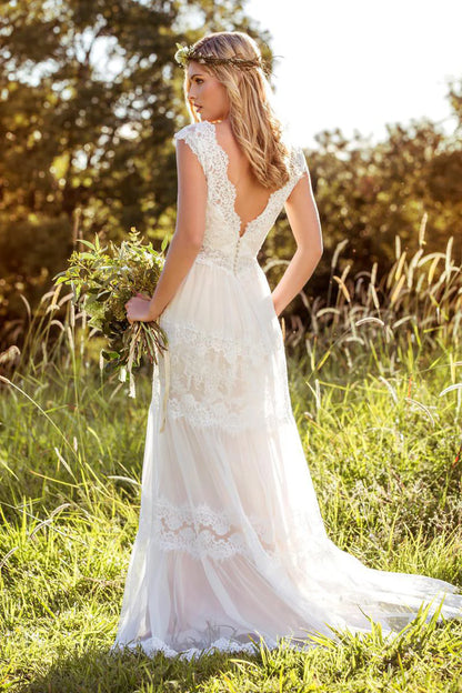 Ivory V-Neck Long Dress Lace Tulle Wedding Dress