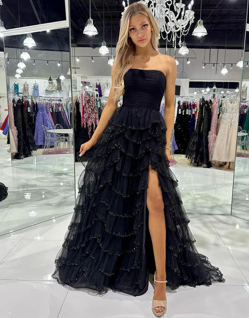 Tulle Off The Shoulder Ruffle Beaded Long Prom Dress With Slit