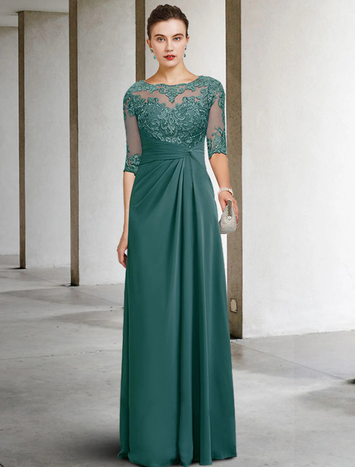 Sheath / Column Mother of the Bride Dress Wedding Guest Elegant Plus Size Jewel Neck Floor Length Chiffon Lace