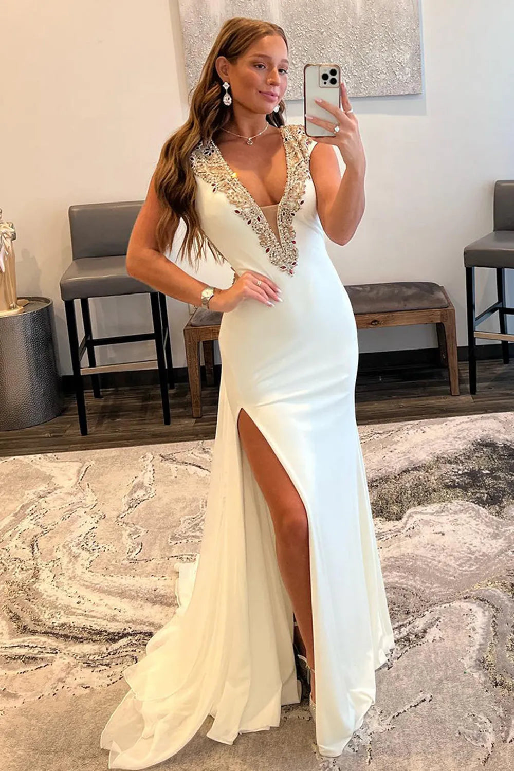 White Deep V-Neck Backless Prom Dress Beading Dress With Slit