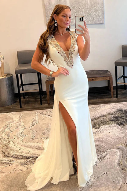 White Deep V-Neck Backless Prom Dress Beading Dress With Slit