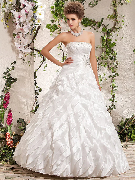 Ball Gown Wedding Dresses Strapless Floor Length Taffeta Sleeveless with Beading Cascading Ruffle Criss-Cross